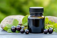 Fresh black currant berries with green leaves and dark juice or extract in glass bottle on wooden surface against blurred garden background.