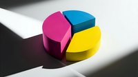 Colorful CMYK pie chart with pink magenta cyan yellow segments on white surface with dramatic shadows for business data visualization and printing concepts.