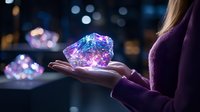 Glowing crystal emitting magical purple and blue light held in woman's palm against dark background with bokeh lights, mystical fantasy concept.