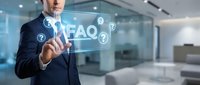 Professional businessman in dark suit touching holographic FAQ interface with question mark icons in modern glass office environment for customer service solutions.