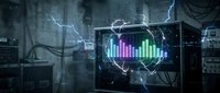 Retro monitor displaying colorful equalizer bars surrounded by electric lightning bolts in a dark, atmospheric tech lab setting.