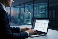 Professional businessman working on laptop with digital document management interface and holographic data visualization in modern office environment.