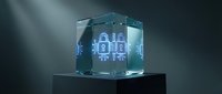 Transparent glass cube with glowing neon padlock symbol inside, representing digital security, data protection, and cybersecurity technology for tech and business applications.