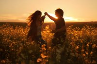 Young couple dancing together in golden sunflower field during romantic sunset with warm orange light creating silhouettes and peaceful countryside atmosphere.