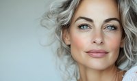 Close up portrait of mature Caucasian woman with silver gray hair, natural makeup and confident smile showing beauty and aging gracefully against light background.