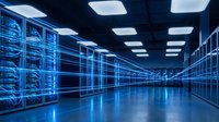 Modern data center with rows of illuminated server racks and glowing blue network equipment, suitable for technology, cloud computing, and IT infrastructure concepts.