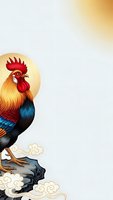 Colorful rooster with vibrant plumage standing on rock with decorative clouds and golden sun background for greeting cards and festive designs.