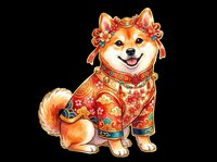 Shiba Inu dog wearing red and gold traditional Asian outfit with floral hair bows, isolated on transparent background, ready for t-shirt design, stickers, clipart, and print-on-demand products.