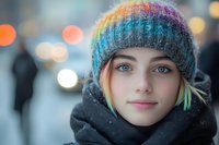 Young woman with bright rainbow colored hair wearing winter knit beanie and scarf, looking directly at camera with blue eyes against blurred bokeh background.