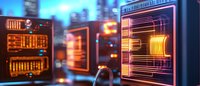 Futuristic digital interface with glowing neon circuit boards in cyberpunk style, showcasing advanced technology against blurred urban background.