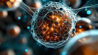 Glowing orange and blue cell structure with detailed membrane network showing internal molecular activity in scientific microscopic view.