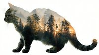 Double exposure silhouette of cat with forest landscape and sunset inside, creating surreal nature-animal blend for wildlife conservation campaigns.