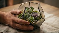 Adult male hand holding geometric glass terrarium with succulent plants and moss on wooden surface.