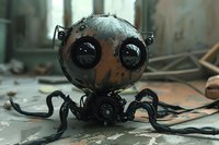 Steampunk mechanical spider robot with large round eyes and metal body sits on industrial surface amid wires and mechanical parts. Dark atmospheric lighting.