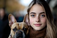 Young blonde woman in brown sweater cuddling with French bulldog companion in cozy indoor setting for pet care and lifestyle content.