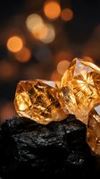 Golden citrine crystals on dark coal with warm bokeh lights creating luxurious mineral display for jewelry design and gemstone collection concepts.
