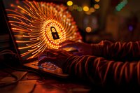 Glowing padlock icon radiates spiral light pattern on laptop screen in dark room, highlighting cybersecurity concept with bokeh background effects.