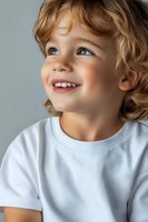 Smiling young child with curly blonde hair and bright blue eyes wearing white t-shirt looking up with joyful expression against neutral gray background.