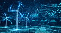 Futuristic digital technology background with glowing blue data visualization, charts, graphs and network connections on dark cyber grid floor.