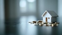 Small white house model with coins on wooden surface representing real estate investment, mortgage planning, property savings and home financing concepts.