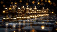 Golden chess pieces arranged in row on reflective surface with magical bokeh lights and sparkles in dark atmosphere. Strategic game concept with royal chess figures.