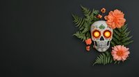 Decorative sugar skull with glowing orange eyes adorned by coral dahlias and green fern leaves on dark background, isolated design element for Day of Dead themes.