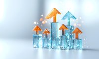 Colorful glass bar chart with orange and blue arrows showing business growth trend on light background. Financial success concept.