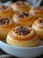 Golden puff pastry rolls with caramelized nuts and honey glaze arranged on white plate for bakery menu and dessert photography.