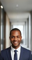 Portrait of a young African American male professional wearing a dark navy blazer and navy tie over a white dress shirt, smiling confidently in a modern office corridor with soft natural lighting.