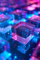 Glowing transparent cubes with circuit patterns in neon pink and blue lights creating futuristic cyberpunk atmosphere with bokeh effect and reflective surface.