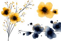 Watercolor yellow and blue flowers with delicate branches isolated on white background for botanical design projects and floral decorations.