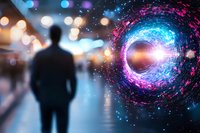 Silhouette of businessman observing cosmic portal with blue and pink energy vortex, blurred city lights background, metaphor for future vision and opportunity.