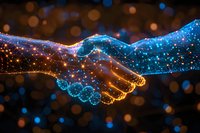 Digital handshake formed by glowing blue and orange particles with connecting dots and lines on dark background with bokeh lights, symbolizing business agreement.