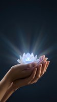 Hands holding glowing lotus flower with radiant light rays on dark background, symbolizing spirituality, healing, and inner peace for wellness and meditation concepts.