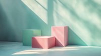 Minimal geometric composition with pink and mint green podiums casting soft shadows on pastel background, sunlight effect creates modern aesthetic display setup.