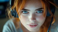 Young woman with striking blue eyes and ginger hair gazing directly at camera with gentle smile, dramatic close-up portrait with soft natural lighting and shallow depth of field.