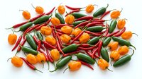 Assorted hot chili peppers in red, orange, and green varieties arranged on white background for culinary, food styling, and recipe design projects.