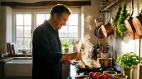 Middle-aged Caucasian man cooking in rustic kitchen with hanging pots and fresh herbs. Professional chef preparing meal with steam rising from pan.