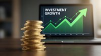 Stack of golden coins beside laptop displaying investment growth chart with upward arrow and green graph on screen, symbolizing financial success and wealth accumulation.