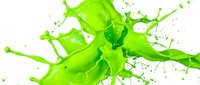 Vibrant lime green liquid splashing and splattering dynamically against white background, creating energetic abstract motion and fluid art effect.