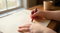 Woman drawing red hearts on paper at wooden table with coffee cup by window creating romantic artwork for Valentine's Day or love themed projects.