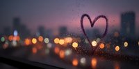 Heart shape drawn on foggy window glass with blurred city lights bokeh background at dusk creating romantic atmosphere for Valentine's Day concepts.