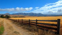 Rural wooden fence stretches along dirt path through golden wheat field with dramatic mountain range and blue sky with white clouds in background landscape.