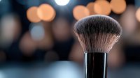 Professional makeup brush with soft synthetic bristles against blurred bokeh background in cool tones, highlighting luxury cosmetics and beauty industry applications.