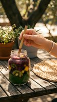 Hand holding wooden straw in layered fruit smoothie jar outdoors. Refreshing beverage with kiwi and berries in glass container on wooden table with plants and natural sunlight for healthy lifestyle content.