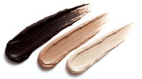 Makeup foundation swatches in dark brown, medium beige and light cream shades smeared on white background, isolated cosmetic texture strokes for beauty industry.