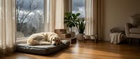 Golden retriever dog resting on cushion by large window in modern living room with hardwood floors and natural light streaming through curtains.