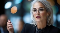 Mature woman with gray hair and eyeglasses wearing black blazer gestures while speaking in professional setting with blurred background, suitable for business, corporate training, and leadership content.