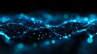Glowing blue network connections and dots forming abstract wave pattern against dark background, representing digital technology and connectivity.