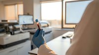 Lab technician in white coat and blue glove holds blood sample test tube in modern medical laboratory with equipment.